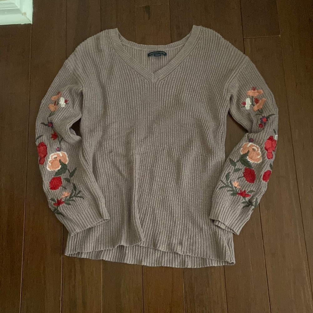 Purple American Eagle Sweater with Floral Design on Sleeve
